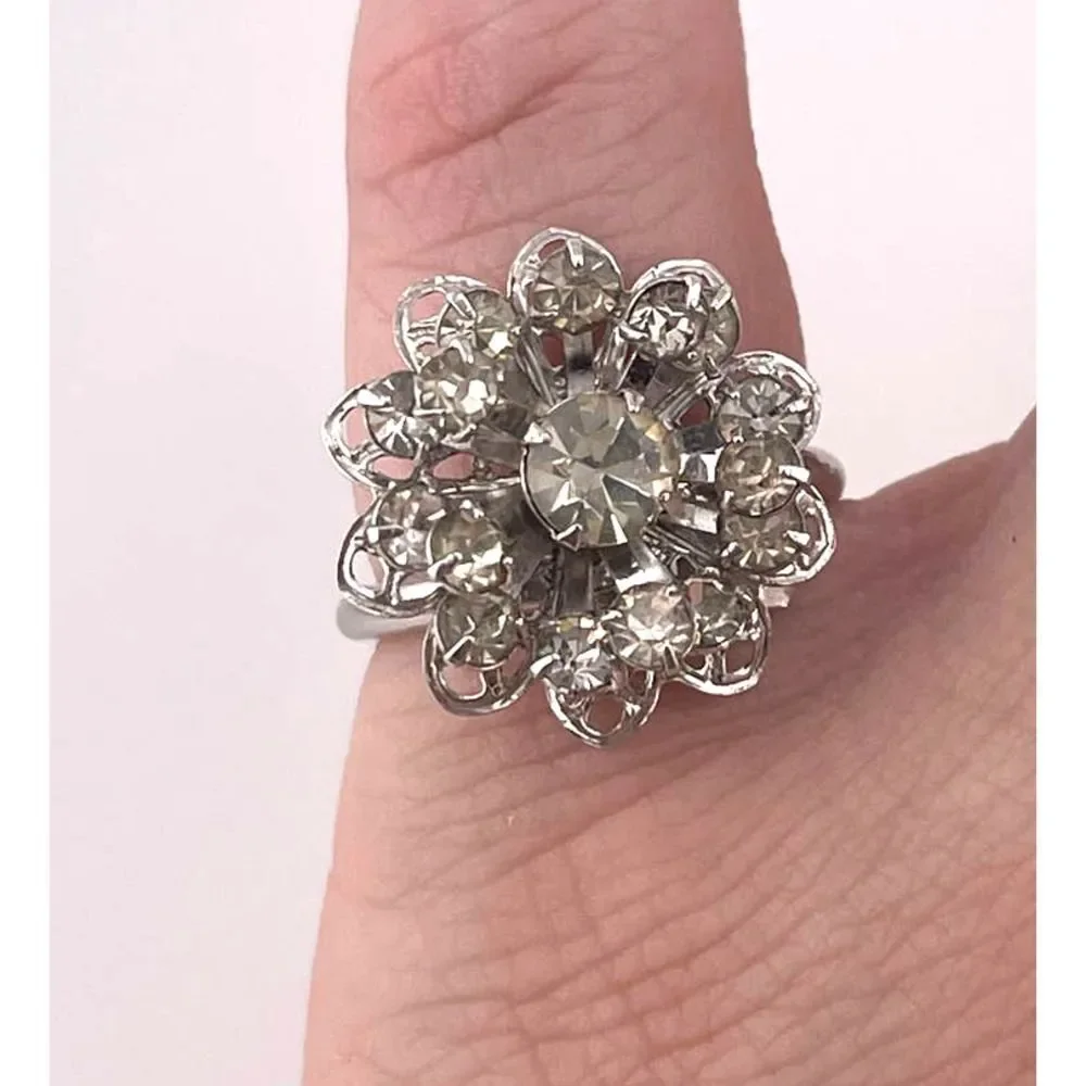 VTG Sarah Coventry Silver Tone Diamond Filigree Burst Statement Ring‎ Adjustable